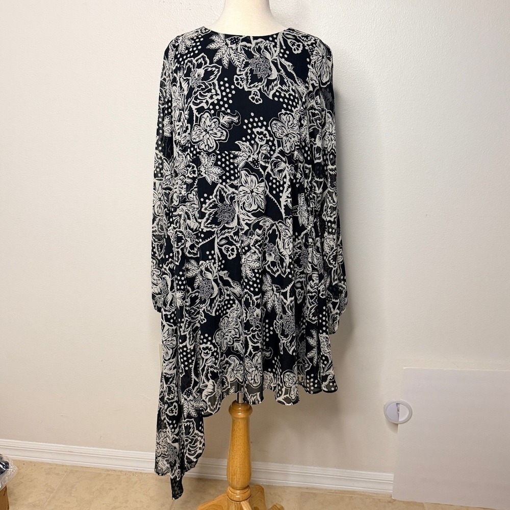 Topshop Dress Sz 14 Asymmetrical Long Sleeve Monochrome Flowy Office Siren